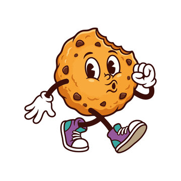 A Cheerful Chocolate Chip Cookie Character Wearing Sneakers Walks Happily While Displaying A Large Bite Taken From Its Side Representing A Fun Snack Concept For Food Packaging And Bakery Branding
