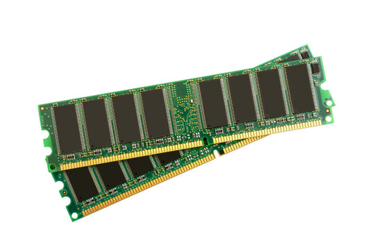 Computer memory module with green circuit board isolated on white background for hardware technology concept