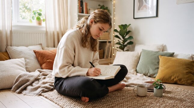 Teenage girl writing goals in a cozy room with plants and warm lighting
