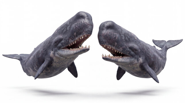 Photorealistic Livyatan melvillei dominance display, isolated on white background, showing detailed anatomy and scientifically accurate paleontological reconstruction.