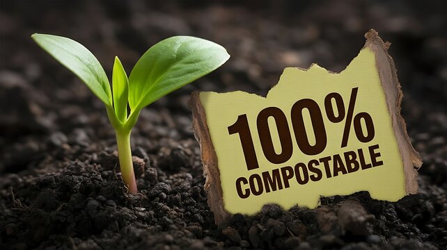 A young green sprout growing in dark soil beside a torn scrap of paper with the text 100% compostable, representing nature and environmental care