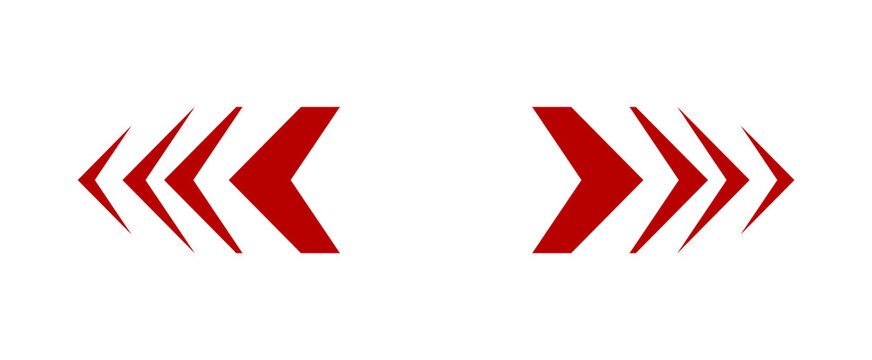 Red Arrow Icon Set Vector Illustration. Left And Right Triple Chevron Direction Symbol Isolated On White Background. Fast Forward And Rewind Navigation Sign For Web Or App Design.