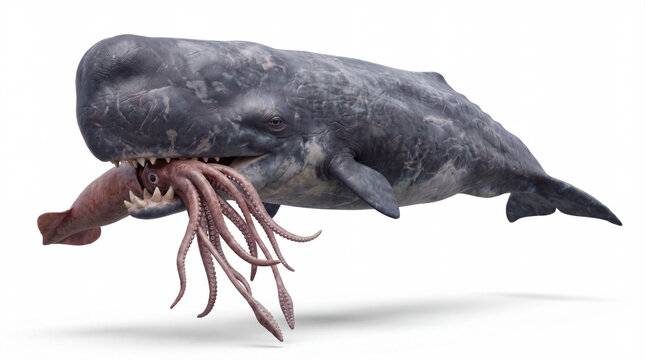 Photorealistic Livyatan melvillei holding a squid in its jaws, isolated on white background, showing detailed anatomy and scientifically accurate paleontological reconstruction.