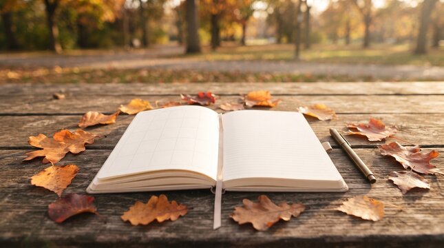 Open planner and pen on a rustic wooden table surrounded by fallen autumn leaves