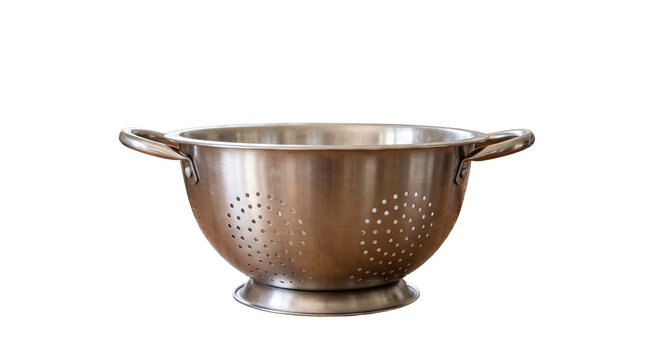 Stainless steel colander with handles, professional metal kitchen strainer for food preparation, silver chrome pasta drainer bowl isolated PNG with Transparent Background