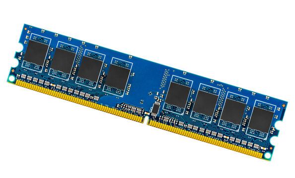 Computer memory module with blue circuit board isolated on white background for technology hardware concept