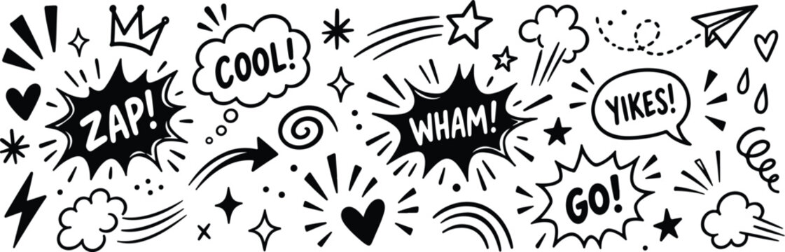 Collection of hand-drawn comic book style sound effect words and symbols perfect for graphic design and illustration projects