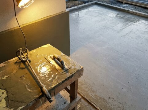 Screed trowel on wet concrete floor in a construction area