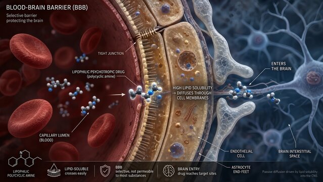 Conceptual medical rendering of the blood-brain barrier displaying a lipophilic polycyclic amine drug crossing into the brain through a brain capillary because of high lipid solubility