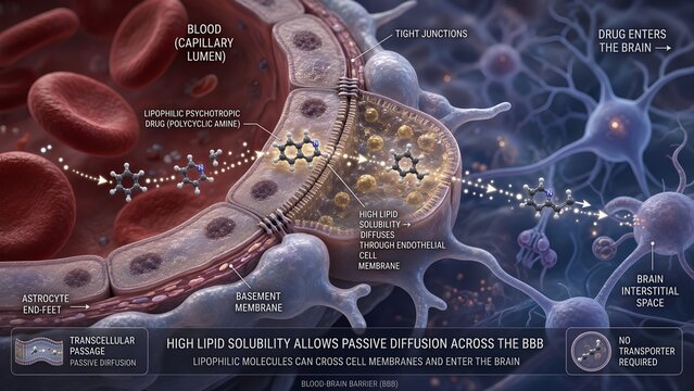 Blood-brain barrier showing a lipophilic polycyclic amine psychotropic drug crossing the membrane due to high lipid solubility to enter the brain tissue inside a brain capillary background