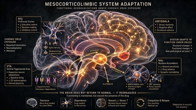 Anatomical representation of the mesocorticolimbic system highlighting structural and functional reorganizations in the vta, nac, pfc, and amygdala during chronic drug exposure