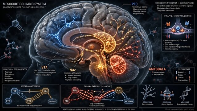 Mesocorticolimbic system including vta, nac, pfc, and amygdala displaying structural and functional reorganizations from chronic drug intoxication and adaptation processes