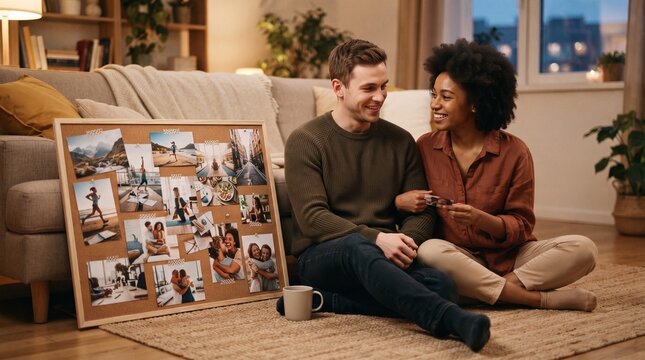 Young couple reminiscing over memories displayed on a corkboard at home