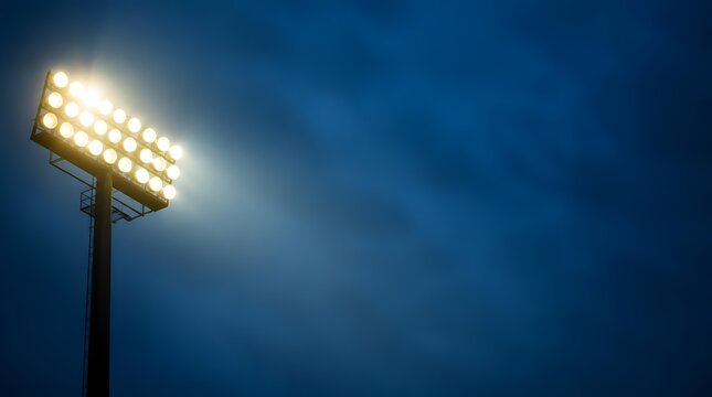 Bright stadium lights glowing in the dark night sky