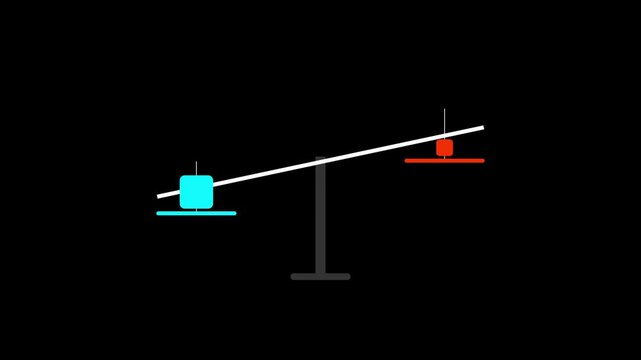 Balance scale comparison animation with tilting seesaw and colorful weight blocks decision concept