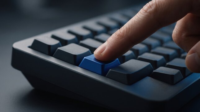 closeup of a human finger pressing a blue key on a black computer keyboard