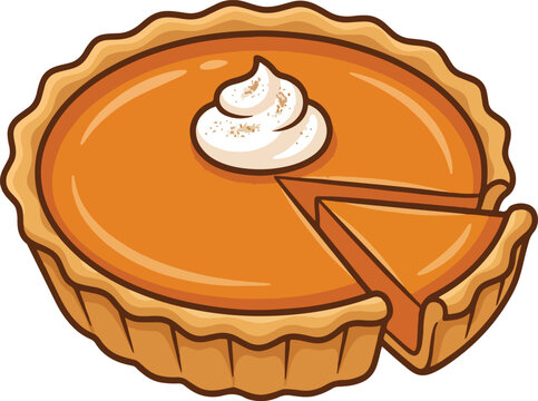Freshly baked pumpkin pie with a slice taken out and whipped cream topping