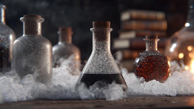 apparatus surrounded by translucent vapor and glowing chemical reactions, dramatic side lighting, futuristic research environment, high-resolution detail