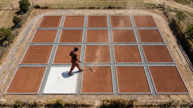 Coffee Drying Patio With Worker Raking Beans Under Sun