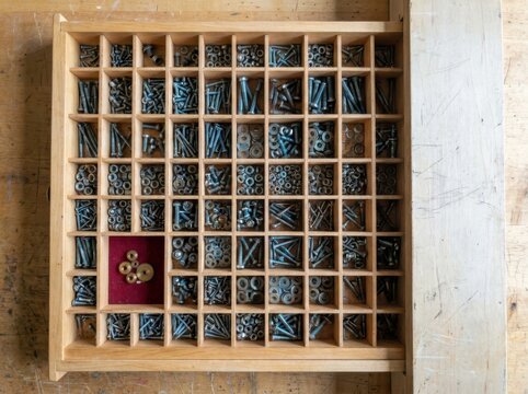 Hardware Organizer Tray with Screws Bolts and Washers in Wooden Drawer