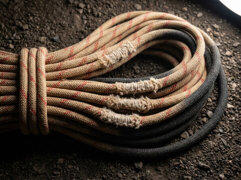 Coiled climbing rope with frayed fibers on rough ground