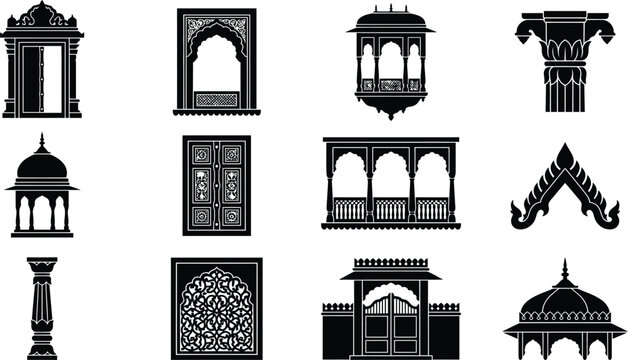 Black silhouette collection of architectural elements with arches windows and pillars.
