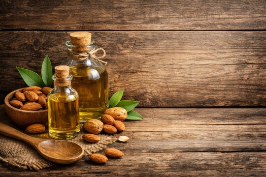 Almond oil bottles with almonds and wooden spoon on rustic wood surface for natural skincare and culinary background or product banner design