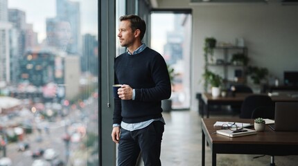 Fototapeta premium Man in casual office clothes holding a mug and looking out the window