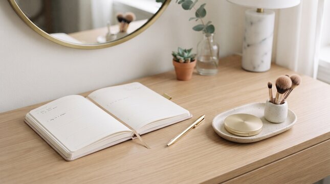 Minimalist desk setup with open planner, gold pen, and makeup brushes