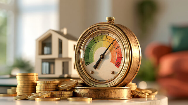 Energy efficiency meter with house model and gold coins, residential utility cost concept, home heating expenses
