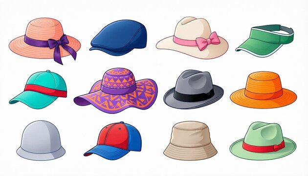 Collection of various colorful hats and caps set on white background