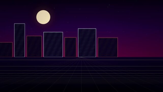 A glowing moon rises over a retro synthwave cityscape filled with geometric skyscrapers and a receding grid floor.
