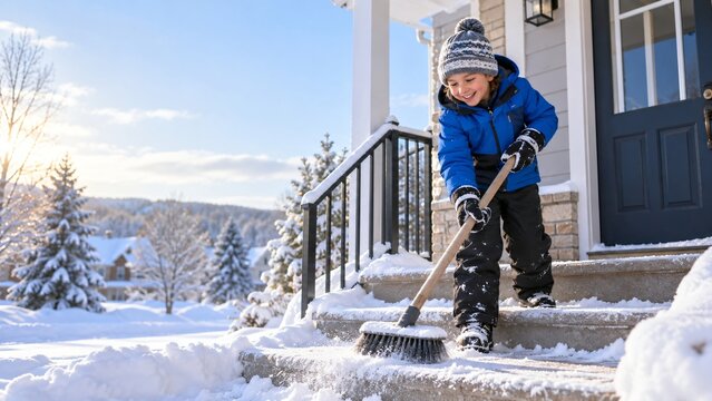 Boy shoveling snow from walkway in winter. Kid with snow shovel cleaning path near house. Outdoor chore and helping family concept.