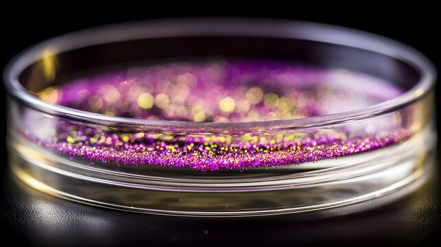 suspended in transparent liquid under focused illumination, delicate sparkle, shallow depth of field, laboratory macro photography