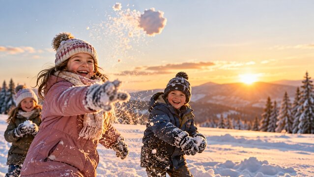 Happy children throwing snowballs during playful snowball fight in winter park. Kids in warm clothes having fun outdoors at snowy sunset.