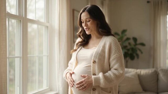 Pregnant woman standing by a sunlit window, gently stroking her belly with love and anticipation.