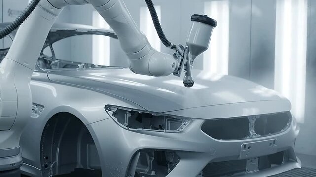 Automated Car Painting Process Looping Animation with Robotic Arms Spraying Primer Coats. and Automated Process