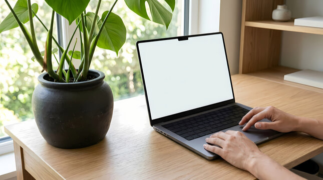 Person Working on Laptop with Blank Screen in Modern Home Office