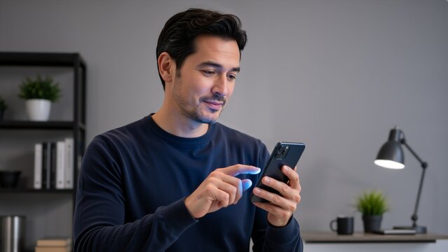 A man in a dark sweater uses his smartphone attentively while standing in a contemporary home office with shelves, plants, and a desk lamp in the background.. Digital public services