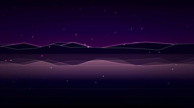 Geometric mountain ranges emerge from deep purple gradients illuminated by scattered luminous points across a dark digital landscape.