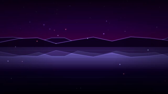 Abstract geometric landscape with glowing purple mountains under a starry night sky