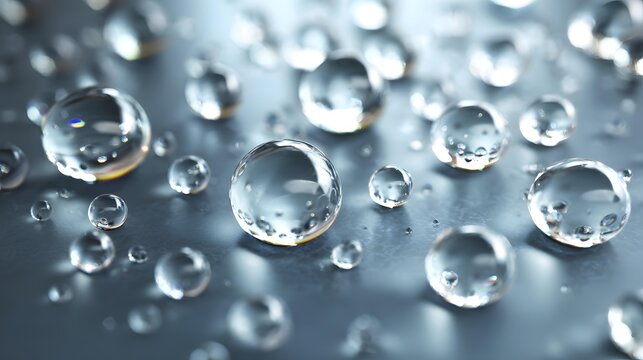 of liquid suspended above a laboratory surface, molecular patterns reflected inside each droplet, minimalist composition, crisp studio lighting
