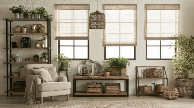 Warm living room with coffee machine, armchair, and shelves