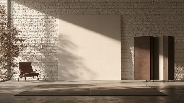 Chair, lamp, and folding screen stand by white brick wall