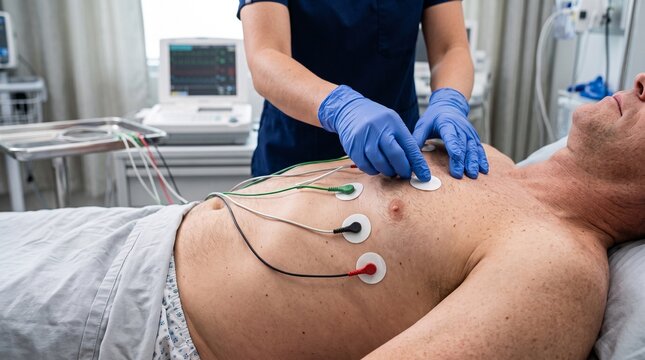 High-end medical photo of a healthcare professional placing ECG electrodes on an adult patient&rsquo;s chest, close-up showing gloved hands, electrode pads and ECG cables, modern cardiology examination room