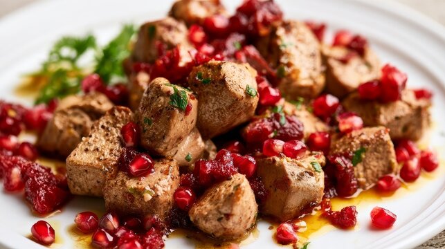 Cooked chicken liver with fruit sauce served on white, close-up