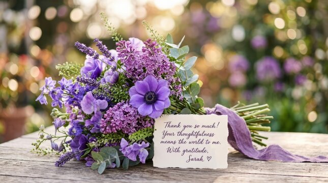 Elegant purple wildflower bouquet with handwritten note on rustic wooden surface.