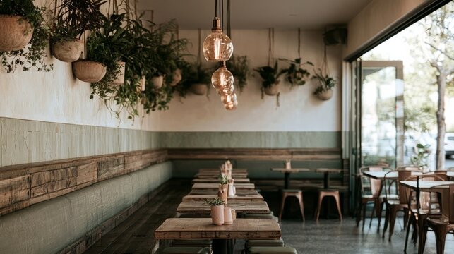 Green cafe decor, plants in pots on wall, wide view
