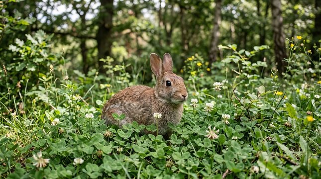 A peaceful forest rabbit amidst lush greenery.