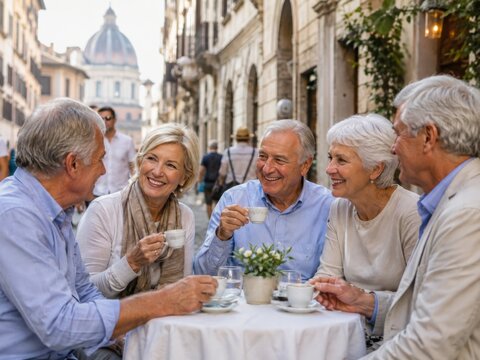 Gesellige Senioren trinken gemeinsam Espresso in einem Stra&szlig;encaf&eacute; in Rom &ndash; entspannte Kaffeepause, italienische Lebensart und lokaler Genuss w&auml;hrend einer St&auml;dtereise.